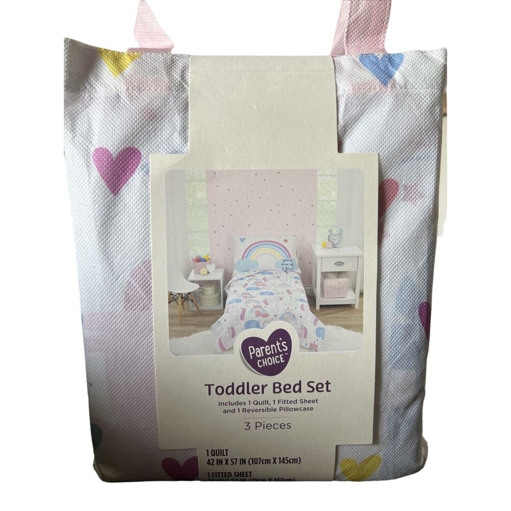 Parent's Choice Toddler Bed Set 3 Piece Hearts & Rainbows Animal Print